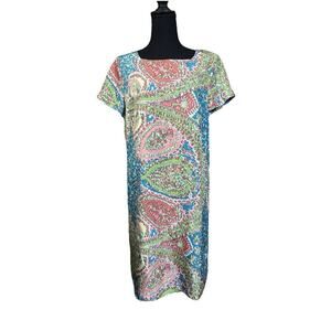 Talbots 100% Silk Paisley Short Sleeve Shift Dress Turquoise Green Coral 12